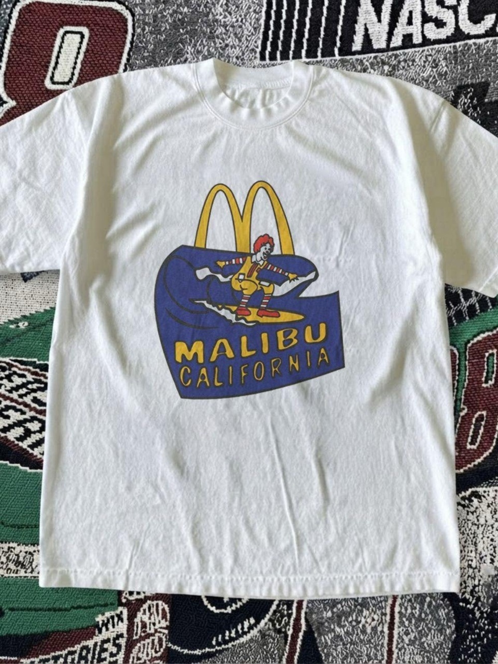 Gildan White Short Sleeve Malibu California Graphic Tee with Yellow & Blue Print